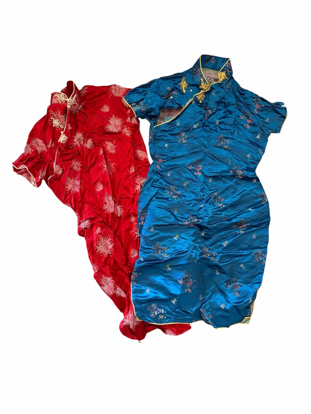 Vintage silk satin cheongsam qipao dress set, blue and red brocade, no tags